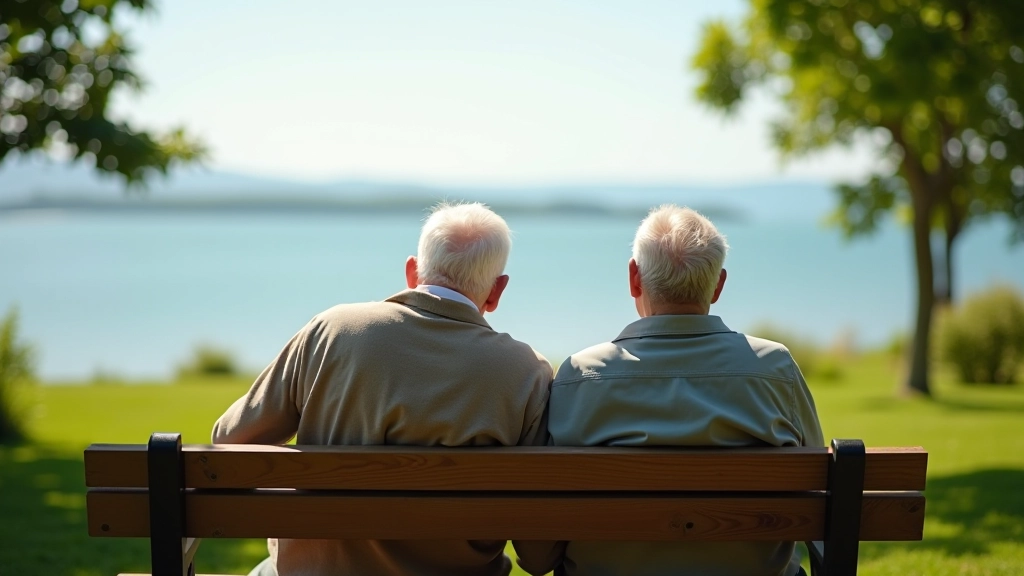 Seniori sēžot uz sola Jūras parkā ar skatu uz jūru, saulaini laiki
